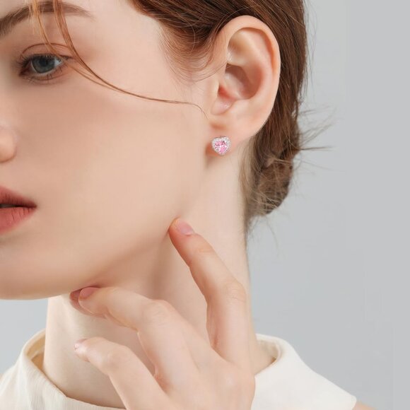 Pink Sterling Silver Heart Cubic Zirconia Stud Earrings for Women - Picture 5 of 7